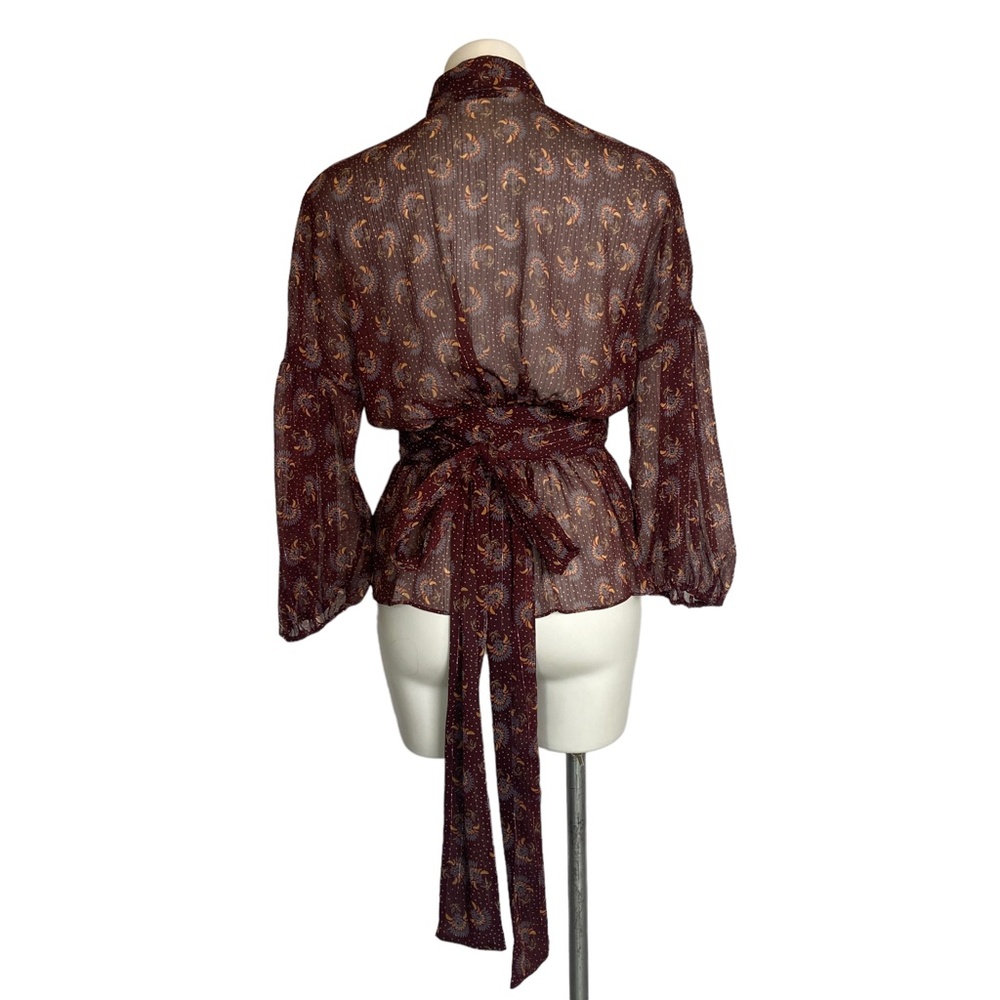 Zara | Women's Burgundy Boho Print Sheer Tie Waist Top | Size: XS - Picture 6 of 10
